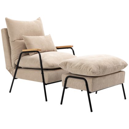 HOMCOM Polsterstoel met Voetenbank, Relaxstoel met Ligfunctie, Polsterstoel, Kussen, TV Stoel, 68 x 91,5 x 88 cm, Beige