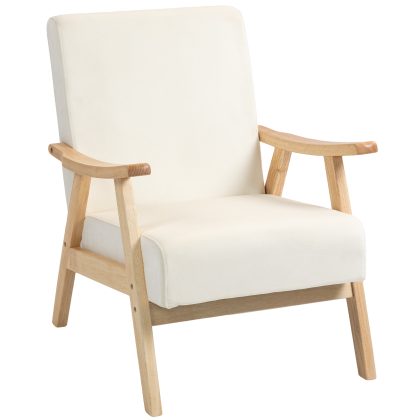 HOMCOM Fauteuil met Linnen-look Stof Bekleding, Retro Armstoel met Stevig Rubberhouten Frame en Dikke Vulling 65 x 80 x 83 cm Crèmewit | Aosom.nl