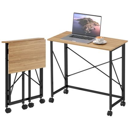 HOMCOM Opklapbaar Bureau met Wielen Ruimtebesparend Eiken Zwart 80x40x75 cm Mobiel Stevig Max 30 kg Snel Montage | Aosom.nl