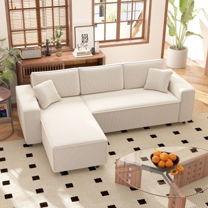 HOMCOM 3-Zitsbank met Chaise Longue, Woonkamerbank met Corduroy Bekleding, 2 Extra Kussens, Gestoffeerde Bank, Crèmewit
