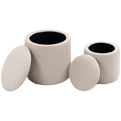 HOMCOM Ottoman Krukken Set van 2 met Opbergruimte Ø40 en Ø30 cm Corduroy Look Afneembaar Deksel Crèmewit Multiplex | Aosom.nl