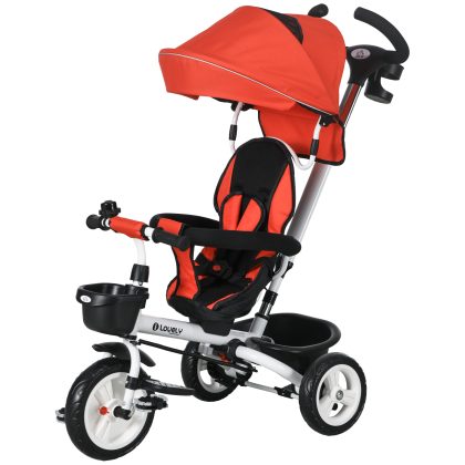 HOMCOM 6-in-1 kinderdriewieler duwstang zonnescherm rood kinderen 18+ maanden opbergmand veiligheidsriem UV-bescherming loopfiets | Aosom.nl
