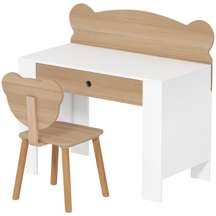 AIYAPLAY Kinderwerktafel met Stoel en Berenrugleuning, Lade, voor Schrijven en Knutselen, 3-8 Jaar, Natuur Hout