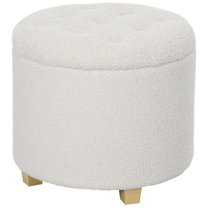 HOMCOM Zit-hocker met opbergruimte, hocker met deksel, ronde voeten-hocker, opbergbox, met houten poten, Wit