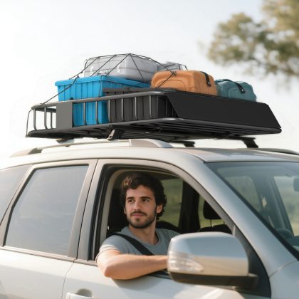 HOMCOM Auto Dakbagagedrager, Dakmand, 90,7 kg Draagvermogen, met Winddeflector, Stalen Buizen, Zwart