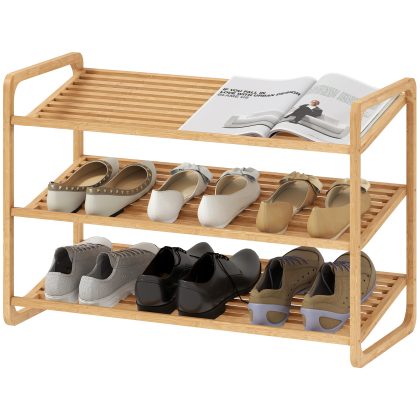 HOMCOM Bamboerek, schoenenrek, halrek, 3-niveaus ontwerp, 30 kg draagvermogen, hout