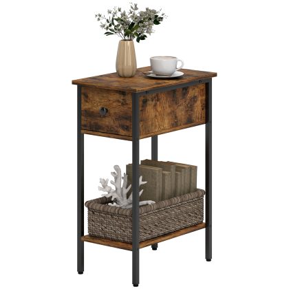 HOMCOM bijzettafel open vak en lade nachttafel metalen poten hout bruin industrieel design 25B x 39.8D x 58.2H cm | Aosom.nl