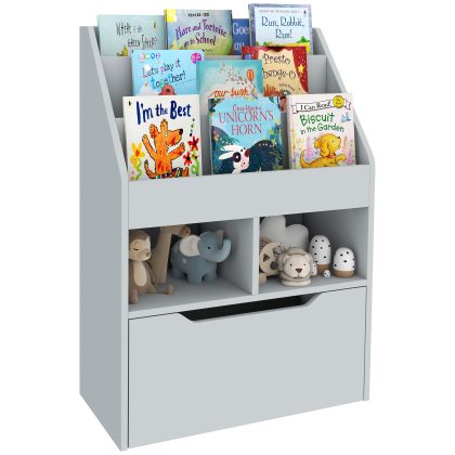 HOMCOM Kinderboekenrek, met Lade en Vakken, De lade is voorzien van wielen, voor 3 tot 12 jaar, tot 30 kg, 60 x 29,9 x 90 cm, Grijs | Aosom.nl