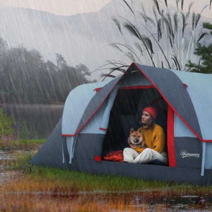 Outsunny familietent 5-6 personen campingtent tunnelvorm waterdicht polyester tent met 2 kamers windbestendig 455x230x180 cm grijs | Aosom.nl