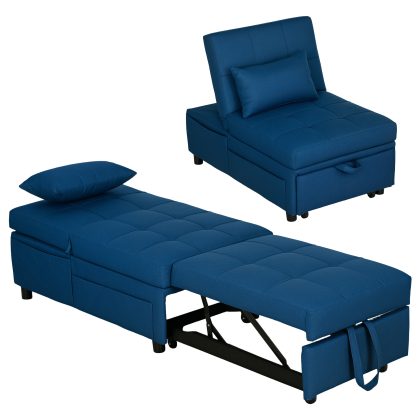HOMCOM slaapstoel, 3-in-1 Opvouwbare Zijvak, Gastenbord met Kussen, Verstelbare Rugleuning met Wielen, tot 150kg, 65,5x104x81 cm, Blauw | Aosom.nl
