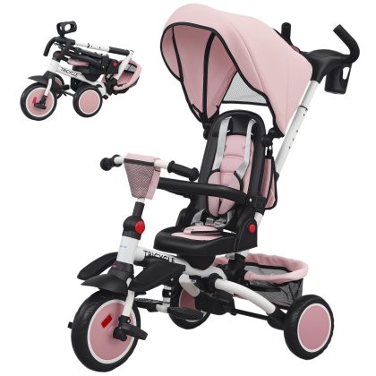 AIYAPLAY Kinderdreirad 6-in-1 Buggy voor Peuters met Duwstang Verstelbare Zitting Opvouwbaar Ontwerp Roze | Aosom.nl