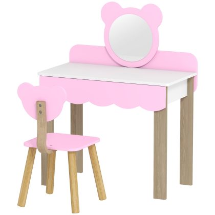 AIYAPLAY Kaptafel-set met kruk voor kinderen, schminkspiegel, berenvorm, lade, MDF, Roze