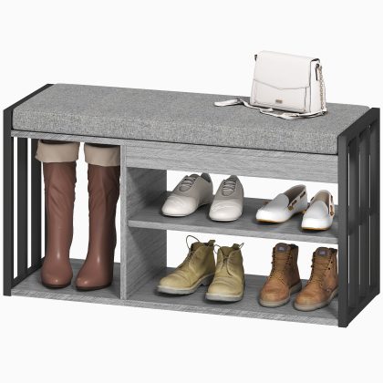 HOMCOM schoenenrek schoenenbank met drievoudige open opbergruimte gewatteerd zitkussen grijs 86x30x45.4 cm voor hal of entree | Aosom.nl