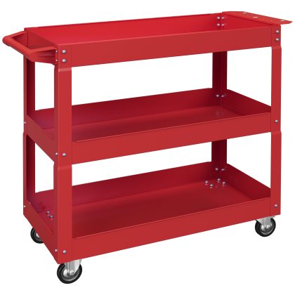 DURHAND 3-Niveaus Gereedschapswagen 4 Wielen 2 Vergrendelbaar Staal 83x35.3x76 cm Rood Tot 150 kg Mobiel Handvat Voor Werkplaats | Aosom.nl