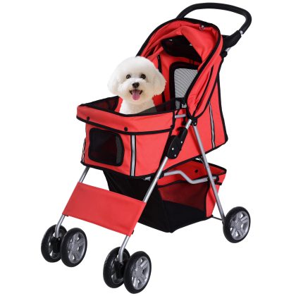 PawHut Hondenwagen Hondenbuggy Honden Pet Stroller Buggy 4 Kleuren 3/4 Wielen Inklapbaar Oxford Stof UV-bescherming Veilig Parkeerrem | Aosom.nl