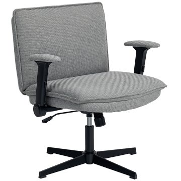 HOMCOM Bureaustoel met opklapbare armleuningen, brede bureaustoel in linnenlook, hoogteverstelbaar, stalen basis, grijs