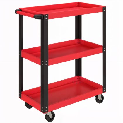 HOMCOM gereedschapswagen 3 niveaus 120 kg draagvermogen rood 70.5x35x82.5 cm wielen handvat werkplaats garage opbergruimte | Aosom.nl
