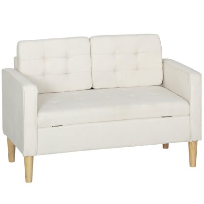 HOMCOM 2-zitsbank met opbergruimte en knoopgestikte rug, fluweel, 117×62×78 cm, crèmewit
