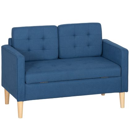 HOMCOM 2-zitsbank met Opbergruimte Knoopgestikte Rugleuning Kussens Rubberhout 117x62x78cm Blauw Compacte Elegantie 120kg Draag | Aosom.nl