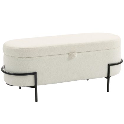 HOMCOM Opbergpoef Zitpoef met Deksel en Opbergruimte Stalen Poten Gestoffeerde Poef met Fleecebekleding Cremewit 114.5x40x48cm | Aosom.nl