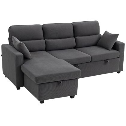HOMCOM verstelbare slaapbank L-vormige logeersofa bedfunctie opbergruimte kussens grijs omkeerbare chaiselongue | Aosom.nl
