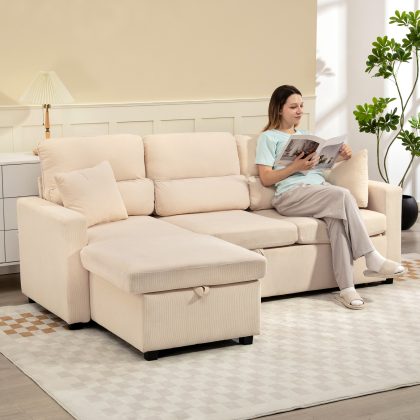 HOMCOM verstelbare slaapbank L-vormige gastslaapbank opbergruimte kussens beige omkeerbare chaiselongue | Aosom.nl