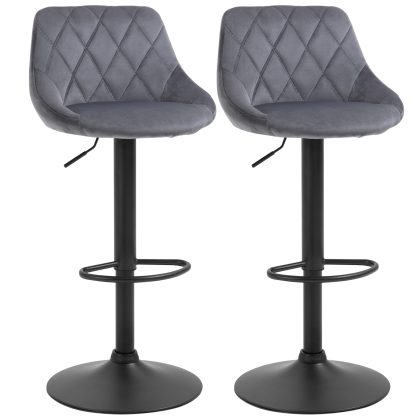 HOMCOM Set van 2 barkrukken, in hoogte verstelbare barkruk met leuning, fluweellook, metalen frame, voetensteun, draaibaar, donkergrijs