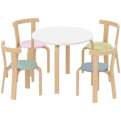 AIYAPLAY 5-delige Kindertafel- en Stoelset Meerkleurig Massief Hout Tafel 60x60x50 cm Stoelen 36x30x51 cm Licht en Veilig | Aosom.nl