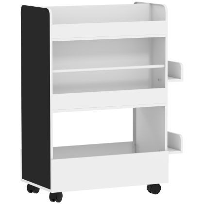 AIYAPLAY Kinderboekenrek met 4 planken, bodemvak, 2 zijvakken, krijtbord, wielen, voor 3-8 jaar, 66,5x32,5x86,5 cm Wit