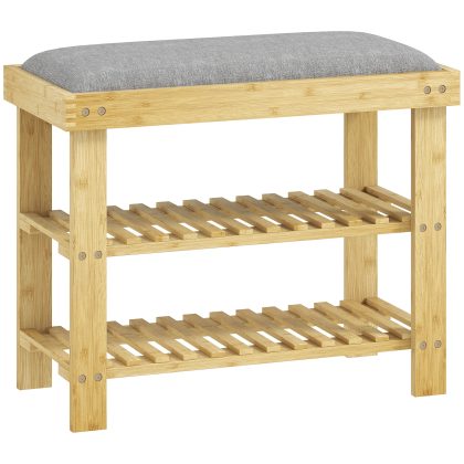 HOMCOM Schoenenbank met zitkussen, bamboe zitbank met opbergruimte, 2 open vakken, bankje 60 x 29 x 49 cm Grijs
