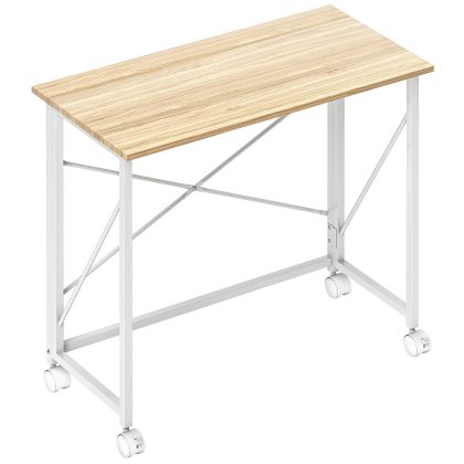 HOMCOM Inklapbaar bureau met wielen, ruimtebesparend, staal, MDF, naturel