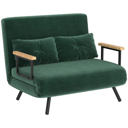 HOMCOM Slaapbank 2-Zits Bank met Slaapfunctie Fluweel-Look Tweepersoons Sofa Inclusief 2 Kussens Comfortabel Modern Design Naturel Groen | Aosom.nl