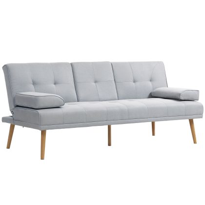 HOMCOM Slaapbank 3-Zits Linnen Stof Lichtgrijs Verstelbare Rugleuning 115-180° Opklapbaar Tot Bed 181cm Breed Massief Houten Poten | Aosom.nl