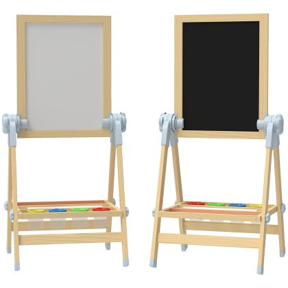 AIYAPLAY Kinderezel van hout, dubbelzijdig whiteboard en krijtbord, in hoogte verstelbaar staand bord met papierrol, opberglade, natuur