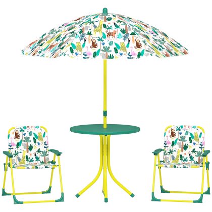 AIYAPLAY Kinderset, 4-delige kinderset met afneembare parasol, kindertafel met 2 opvouwbare stoelen, Groen