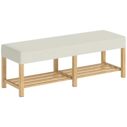 HOMCOM 140 cm schoenenbank van massief hout, moderne halbank met gewatteerd zitgedeelte voor twee personen, natuurlijk hout en crème wit