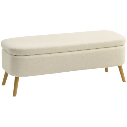 HOMCOM Opbergzitbank, zitbank met 65 L opbergruimte, teddyfleece-stof, rubberhout, 120 x 42 x 45 cm, beige