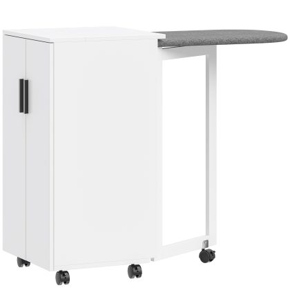 HOMCOM 2-in-1 opklapbare Strijkplankkast op Wielen met Strijkplank en Verstelbaar Rek voor Kleine Ruimtes, Wit