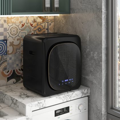 HOMCOM Wasdroger, met UV-Desinfectie, Compact Ontwerp tot 4 kg, Instelbare timer, flexibele installatie, Roestvrijstaal, 48x40x56cm, Zwart | Aosom.nl