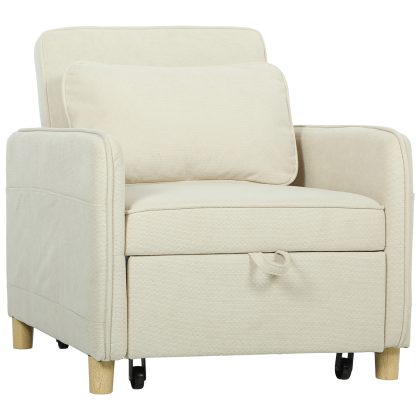 HOMCOM Slaapfauteuil, 3-in-1 omvormbare fauteuil met bedfunctie, Driestanden rugleuning, met 6 zijvakjes, tot 120 kg, 74x85,5x82 cm, beige | Aosom.nl