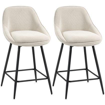 HOMCOM Set van 2 Barkrukken met Corduroy Bekleding en Stalen Poten, Comfortabele Stoelen voor Keukeneiland, Eetkamer, Crème