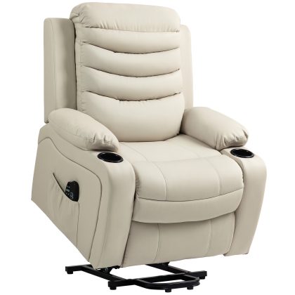 HOMCOM Elektrische Relaxstoel met Opsta-hulp, Massage, Verwarming, USB-aansluiting, PU-leer, Crème