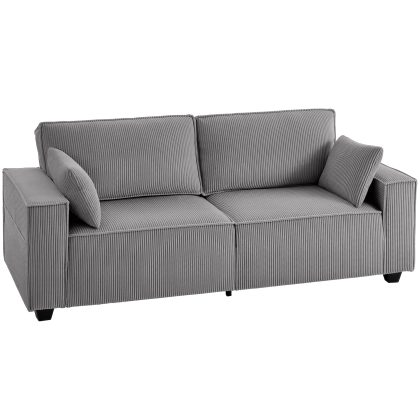 HOMCOM 218 cm brede 3-zitsbank, moderne corduroy-bank met pocketveren, brede armleuningen en 2 kussens, lichtgrijs