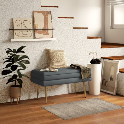 HOMCOM opbergbank donkergrijs 79.5x37.5x43 cm fluweel bekleding stalen poten 120 kg draagvermogen schoenenbank extra zitplaats | Aosom.nl