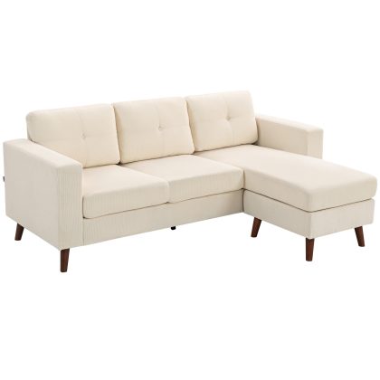 HOMCOM Hoekbank 192 cm L-vorm 3-zits met omkeerbare chaise longue, cord-look, voor kleine ruimtes, Cremewit