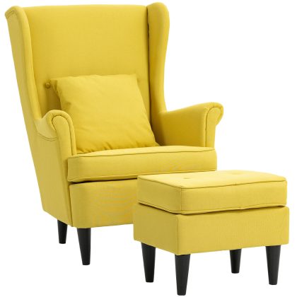 HOMCOM Oorfauteuil met voetenbank, gestoffeerde fauteuil met rubberhouten poten, stoffen bekleding, geel
