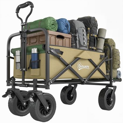 Outsunny opvouwbare bolderkar, 110 L, tot 100 kg, lichtgewicht, telescopische handgreep, stalen frame, 94 x 57 x 77-100 cm, khaki | Aosom.nl