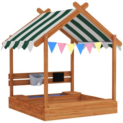 Outsunny Zandbak met zonbescherming, speelhuisdesign, met speelgoedset, behandeld massief hout, 124 x 116 x 146 cm, groen