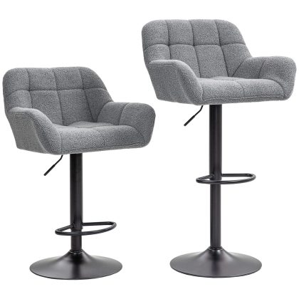 HOMCOM Set van 2 Barkrukken in Retro Design met Fleece-Look en Rugleuning in Hoogte Verstelbaar Moderne Barstoelen 57,5x52,5x93-114cm Grijs | Aosom.nl
