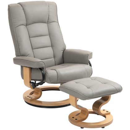 HOMCOM Relaxfauteuil met Voetenbankje, Draaibaar & Kantelbaar, Kunstlederen Bekleding, tot 150 kg, Houten Frame, Grijs